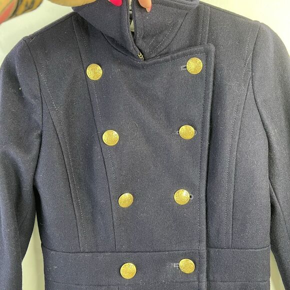 J. Crew Size 0 Peacoat Coat Wool Blend Navy Double Breasted Collared Pockets - Picture 3 of 8